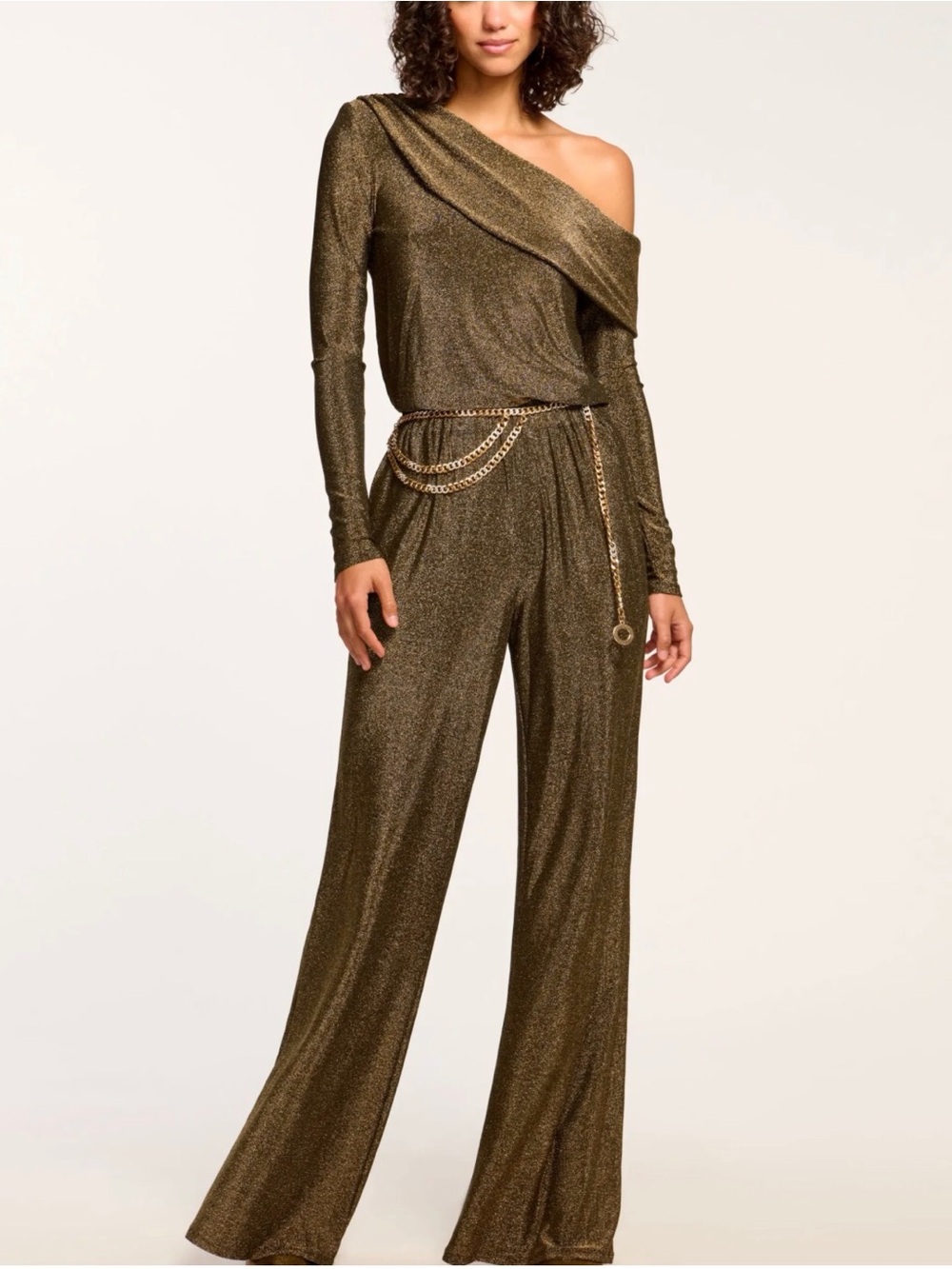 Ramy Brook Metallic Gold One-Shoulder Jumpsuit with Chain Belt
